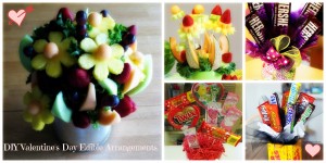 5 photos of DIY Valentine's day edible arrangements. 3 photos of candy edible arrangements, and 2 photos of fruit edible bouquets