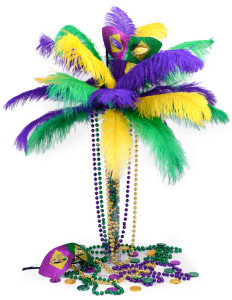 DIY Mardi Gras Centerpiece feather tree with green yellow and purple ostrich feathers. 18" clear plastic centerpiece column. Mardi Gras beads, and Mardi Gras mask
