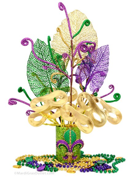 DIY Mardi Gras Mask Centerpiece with green purple and gold leaves. Gold masquerade masks and a Mardi Gras Fluer De Lis ornament