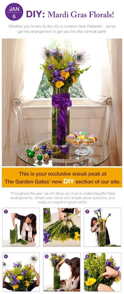 DIY Mardi Gras Centerpiece with flowers and feathers in a tall vase