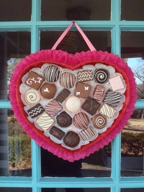 DIY Valentine's heart shaped faux box of chocolates wreath